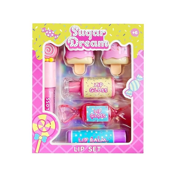 M&U MAKE YOU UP MU 6pc Candy Sweet Lip Gloss Set for Kids - 1 Straight Stick, 2 Ice Cream and 2 Candy Balms, Non-Toxic Girls Birthday Gift, Fun Theme Party Favors