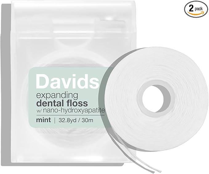 Davids Expanding Dental Floss + Refill w/Hydroxyapatite, No Break Woven Strands, Waxed, Vegan, Cocoa Butter & Mint, Kid Friendly, Refillable Dispenser, 66 yd