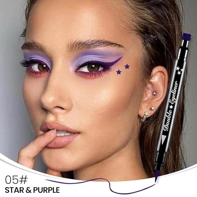 BINGBRUSH Double-head Liquid Stamp Eyeliner Pencil, Colors Flowers Heart Moon Star Shapes Face Stamps Makeup Colorful Waterproof Slim Gel Felt Tip High Pigment Liquid Eyeliner (05#Star&Purple)