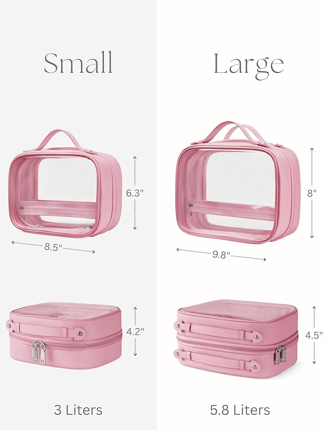 Oaque Clear Cosmetic Bag Double Layer Travel Toiletry Bag Clear Makeup Bag Case with 4 Compartments, Transparent Travel Bag for Toiletries, Large Toiletry Bag for Women Cosmetic Case (Pink, Small)