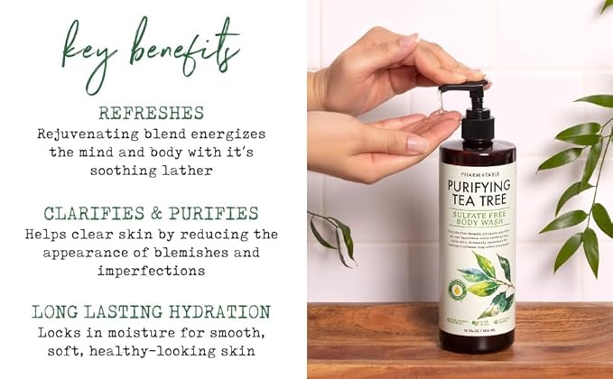 PHARM TO TABLE Soothing Tea Tree Body Wash Sulfate-Free Shower Gel – Nourishing Hydration Soothes Dry, Itchy Skin - Infused with Tea Tree oil, Mint, Vitamin E & Aloe, 16.2oz