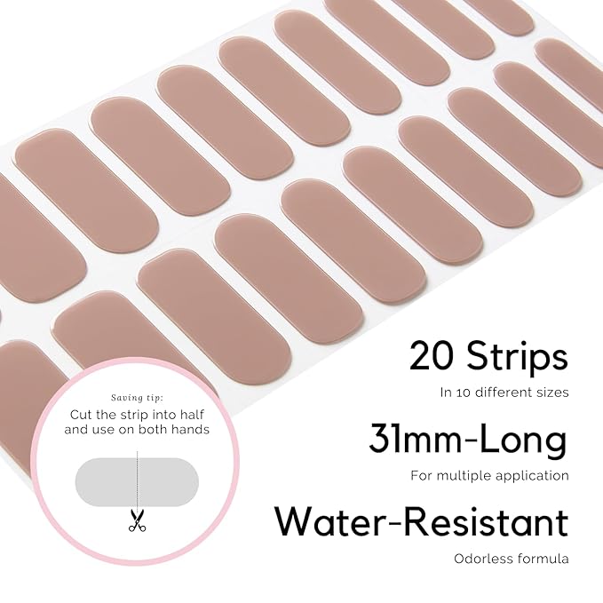 Semi Cured Gel Nail Strips - NAILOG 20 Pcs Dark Brown Nail Stickers Extra Long Wraps with Glossy Gel Finishing for Autumn Winter, Heather
