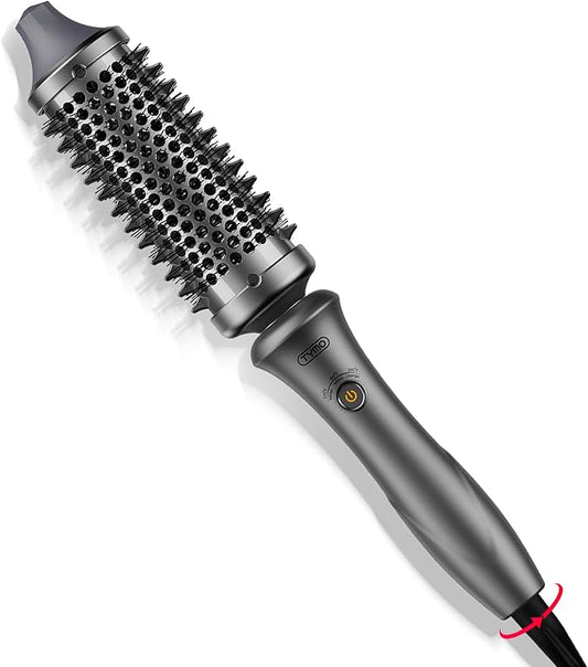 TYMO Thermal Brush Curling Brush - STYLUX 1.7 Inch Blowout Volumizer with Flexi-Fit for Hair Straightening, Heated Round Styler Tool, Hair Straightener and Curler 2 in 1, Dual Voltage, Metallic Gray