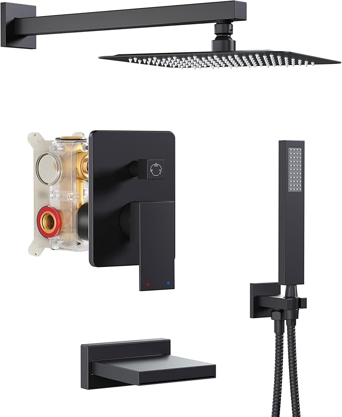 HoliSpa Black Shower System with Tub Spout, All Metal Tub Shower Faucet Set with 10" Rain Shower Head and Handheld Spray combo, Wall Mounted Tub Shower Systems with Valve and Trim Kit, Matte Black