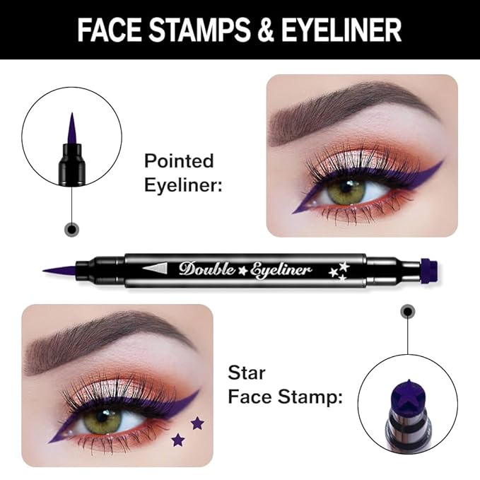 BINGBRUSH Double-head Liquid Stamp Eyeliner Pencil, Colors Flowers Heart Moon Star Shapes Face Stamps Makeup Colorful Waterproof Slim Gel Felt Tip High Pigment Liquid Eyeliner (05#Star&Purple)