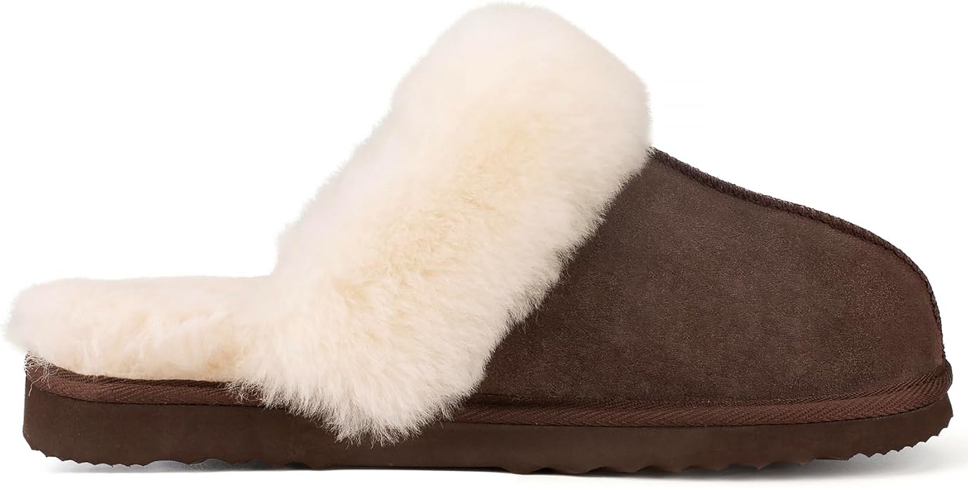 Parfeying Women's Shearling Slippers Genuine Leather with Rubber Sole, Sheepskin Fuzzy Indoor Outdoor Shoes for Home