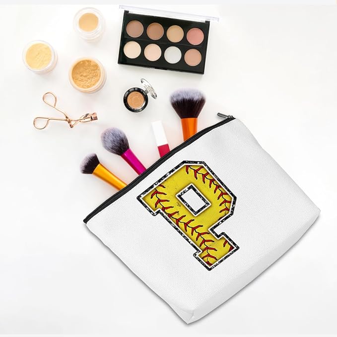 CQM Softball Gifts Initial Makeup Bag Monogrammed Cosmetic Bag Yellow Letter P Zipper Pouch Softball Accessories for Girls Women Player Coaches Friend Graduation Birthday Gifts