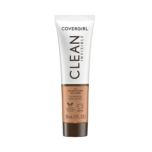 COVERGIRL Clean Invisible Foundation Makeup, Dewy & Glowy Natural Finish, Buildable Coverage, Skin-Like Smooth Look, Vegan, Golden Honey, 1oz