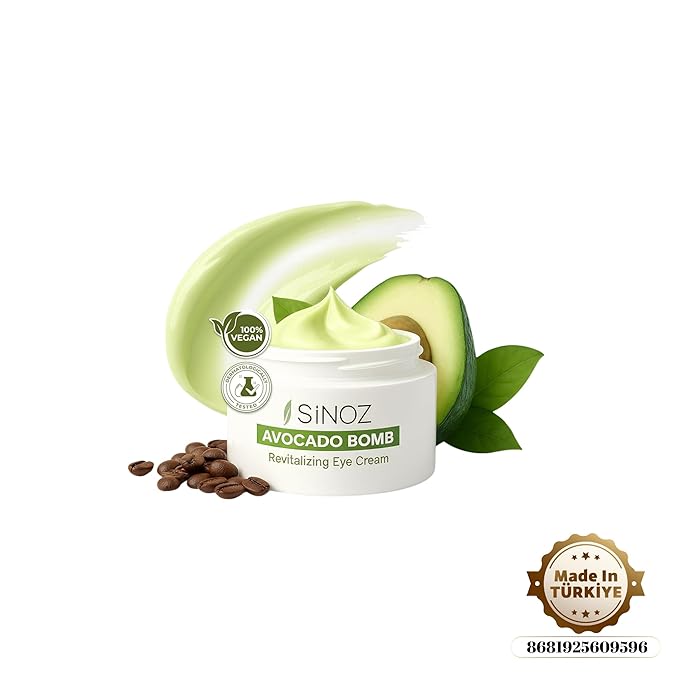 sinoz Avocado Caffeine Eye Cream for Dark Circles & Puffiness, Lightweight Under Eye Moisturizer, Vegan Daily Care, 0.5 fl oz (15 ml)
