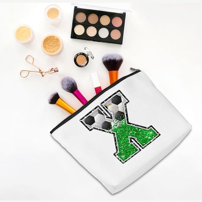 CQM Soccer Gifts Initial Makeup Bag Monogrammed Cosmetic Bag Letter X Zipper Pouch Soccer Accessories for Girls Women Player Coaches Friend Graduation Birthday Gifts