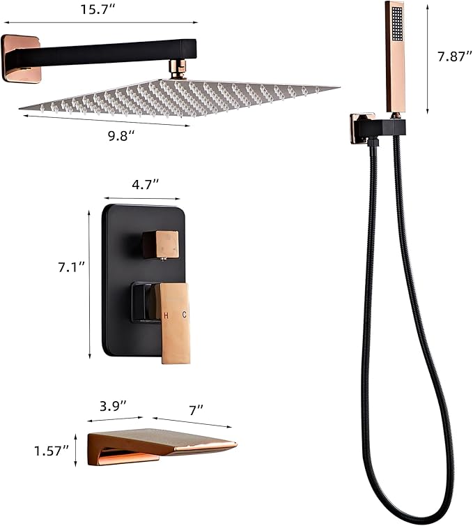 LCEVCGK Shower Faucet Set Complete with Tub Spout Matte Black and Rose Gold Shower System with 10 inch Rainfall Shower Head and Handheld Shower Rain Shower Combo for Bathroom Wall Mounted