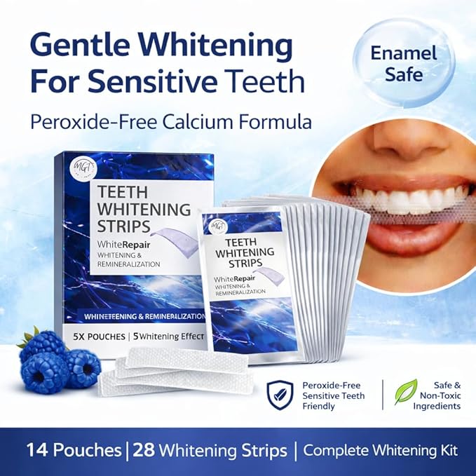 Teeth Whitening Strips, Flavor Inspired Whitening Strips for Teeth, Comfort-Fit Adhesive, Fresh Taste, 28 Strips (14 Sealed Pouches), at-Home Routine (Blue Raspberry)