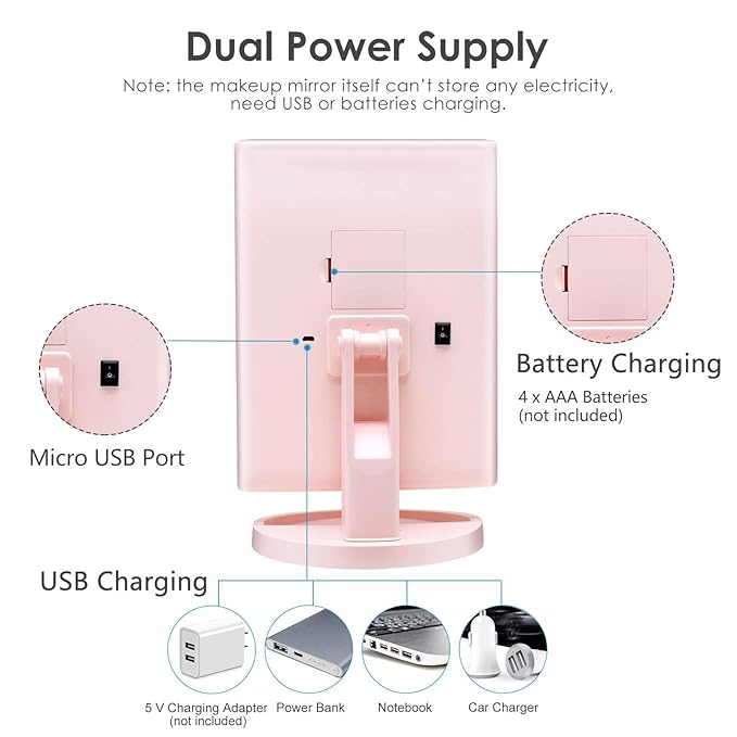 WEILY Makeup Mirror with 21 LED Lights,Two Power Supply Modes, Adjustable Touch Screen and 1x/2x/3x Magnification Tri-Fold Vanity Mirror, Chargeable Travel Cosmetic Mirror for Desktop (Pink)