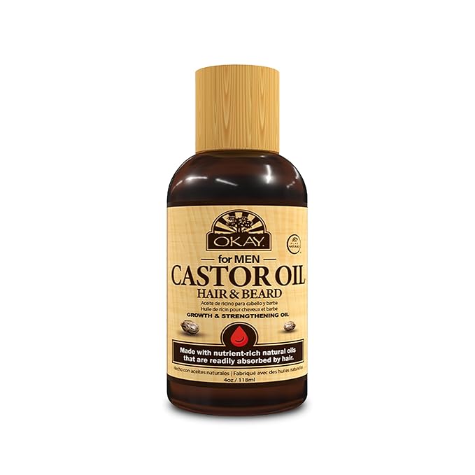 OKAY | Men's Castor Oil Beard and Hair Growth Oil | For All Hair Types & Textures | Stimulates Hair Growth | Readily Absorbed | Free of Silicone & Paraben , Brown , 4 oz