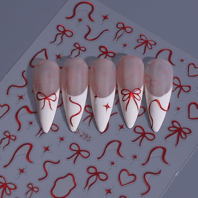 12 Sheets Bow Nail Stickers for Nail Art Glitter 3D Self Adhesive Red Gold Bows Nail Decals Aurora Cute Nail Art Stickers for Women Girls Manicure Decorations