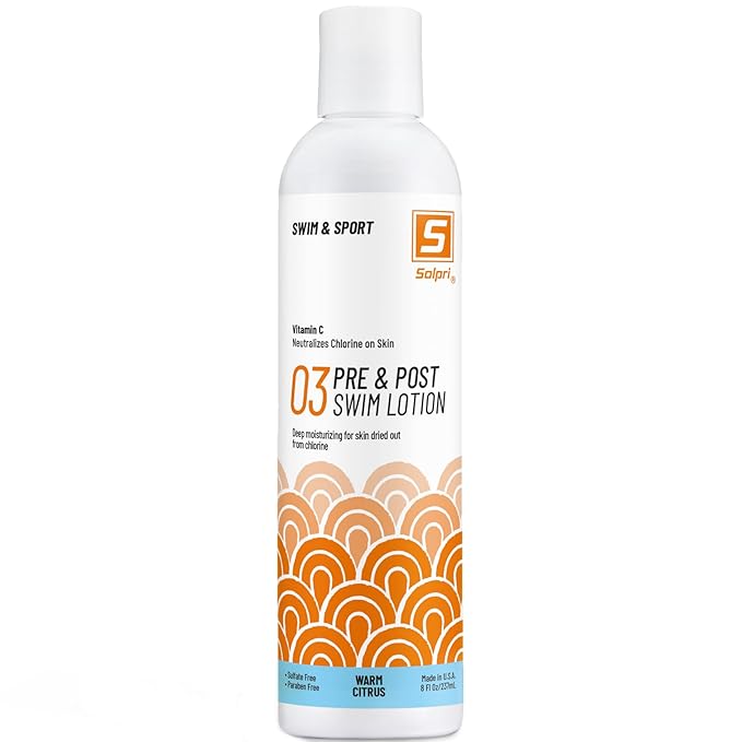 Solpri Pre and After Swim Lotion with Vitamin C 8 Fl Oz - Pre Swim Chlorine Skin Protection, Pre Swim Lotion for Chlorine (8 Fluid Ounce, Warm Citrus)