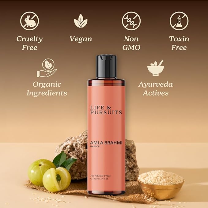 Life & Pursuits Amla Brahmi Oil for Hair and Scalp Nourishment - 3.4 Oz Natural Indian Ayurvedic Blend with Coconut, Castor, Sesame, Triphala, Gotukola for Healthy, Shiny Hair