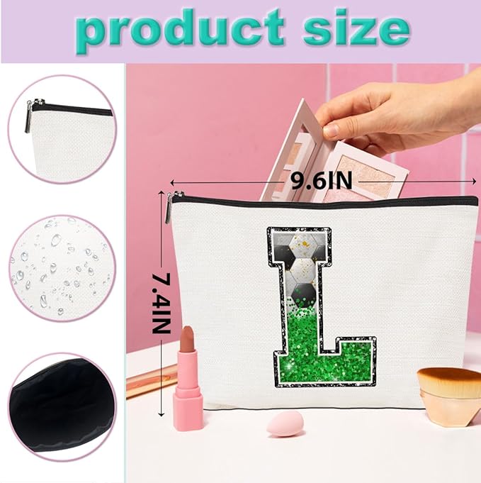 CQM Soccer Gifts Initial Makeup Bag Monogrammed Cosmetic Bag Letter L Zipper Pouch Soccer Accessories for Girls Women Player Coaches Friend Stuff Graduation Birthday Gifts