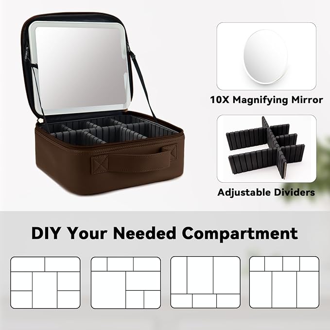 SLUMAZI Travel Makeup Bag with LED Mirror and 10x magnifying glass with 3 Lighted Settings, Adjustable Dividers and Makeup Brush Storage Bag Mocha