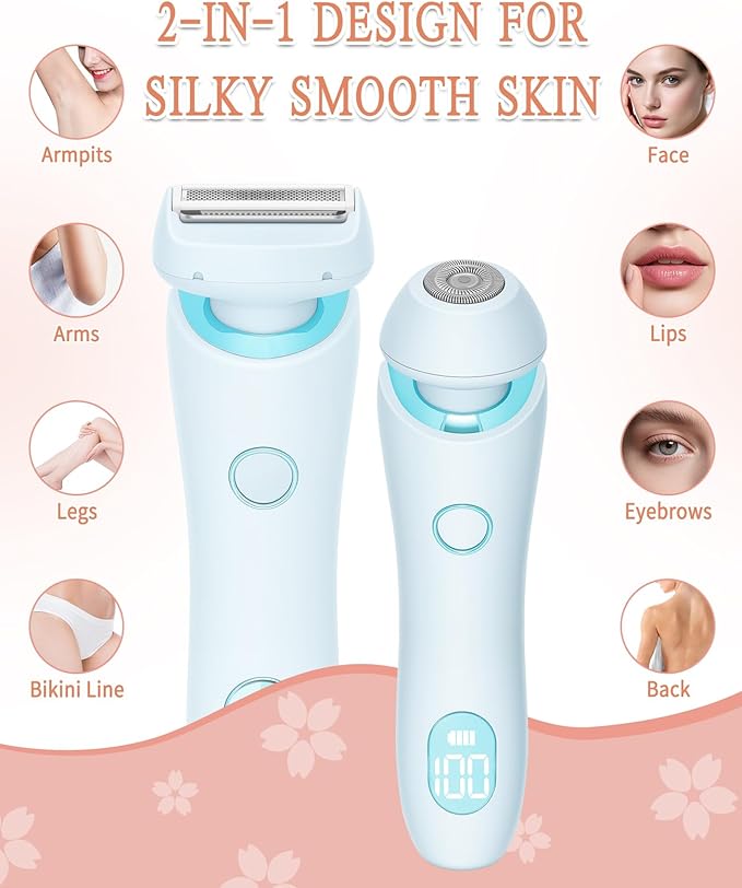 Bikini Trimmer for Women Electric Razors for Women, Double Head Dual Purpose, Waterproof Hair Razor, Ceramic Blade Hair Trimmer Wet & Dry Use, Painless Electric Shaver for Facial and Body (Blue)