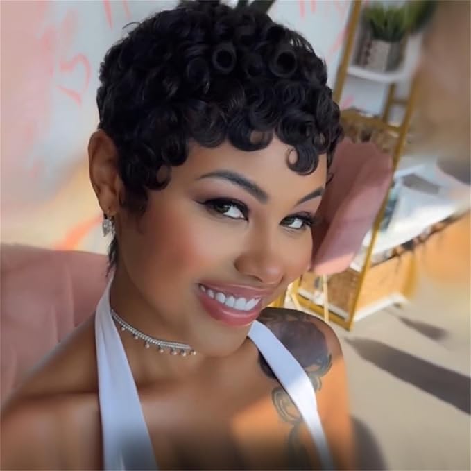 Pixie Cut Short Bob Wig for Black Women 100% Brazilian Human Hair Full Machine Made Wigs Glueless Natural Black Color Curly Human hair