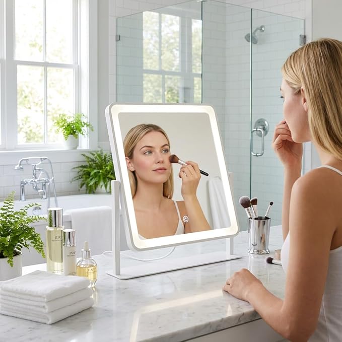 Vanity Mirror with Lights, 14"×12" Makeup Mirror with Lights, LED Makeup Mirror, Smart Touch with 3 Color Lighting Modes, Brightness Adjustable, for Bedroom Tabletop - White