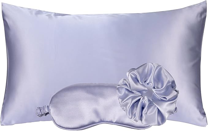 KISMETICS - Vegan Silk Sleep Set, Vegan Silk Pillowcase with Large Scrunchie and Eye Mask for Hair and Skin, Self Care Essential Satin Night Routine Kit (Purple Color)