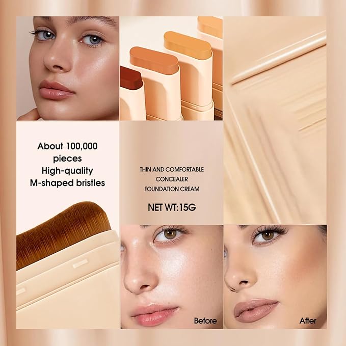 Matte Concealer Foundation Stick with Brush, Serum-Infused Tinted Moisturizer & Skin Tint, Lightweight Hydrating Concealer & Contour, Sheer-to-Medium Radiant Dewy Coverage, All Skin Types (08#)
