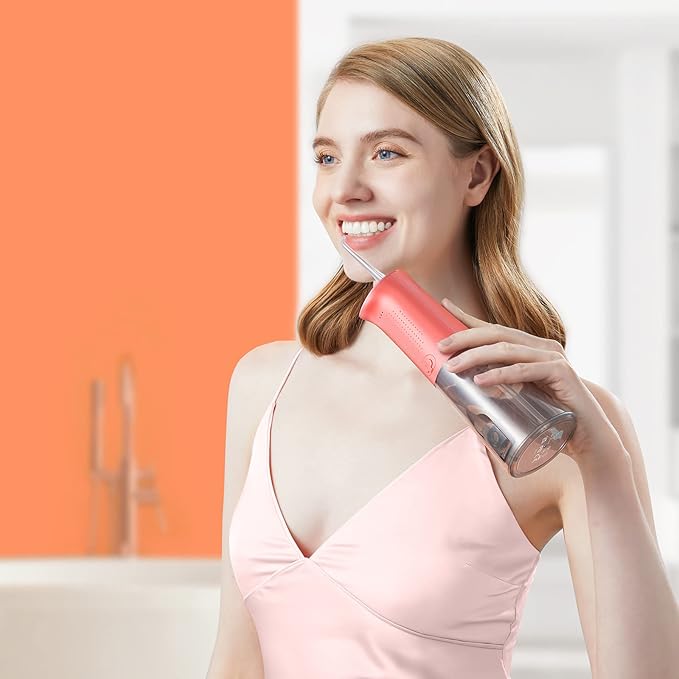 Bitvae Cordless Water Dental Flosser for Teeth, Portable Water Teeth Cleaner Picks, 6 Jet Tips 3 Cleaning Modes, IPX7 Waterproof Water Dental Picks, Coral Orange