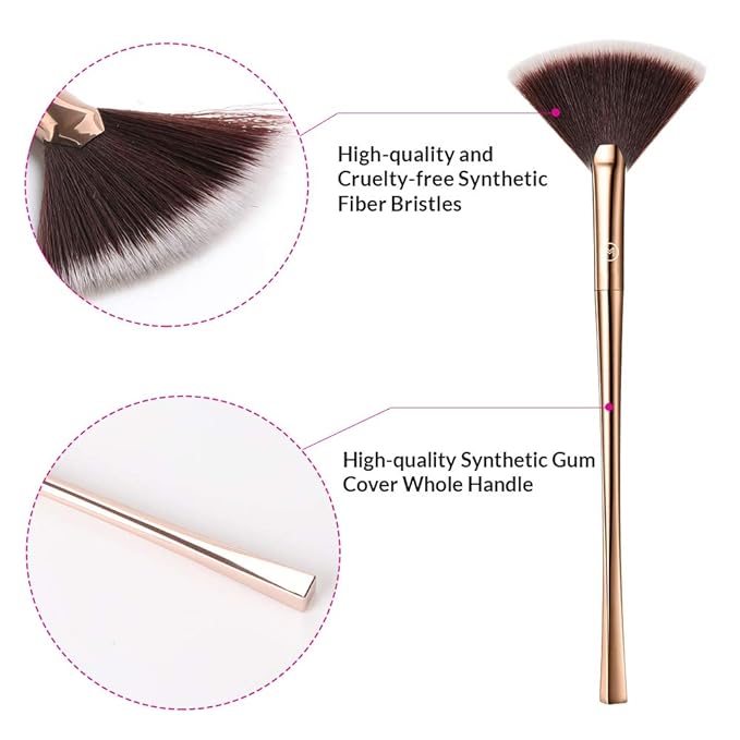 Brush Master Fan Makeup Brush For Highlighter, Blush, Flutty&Powder Cosmetic Tool w/Long Handle& Anti-Champagne Gold Brush