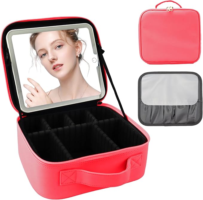SUILU Travel Makeup Bag with LED Mirror and Light Makeup Travel Bag Organizer Portable Cosmetic Brush Organizer Bag with Adjustable Dividers for Cosmetics Makeup Brushes Toiletry (Light Red)