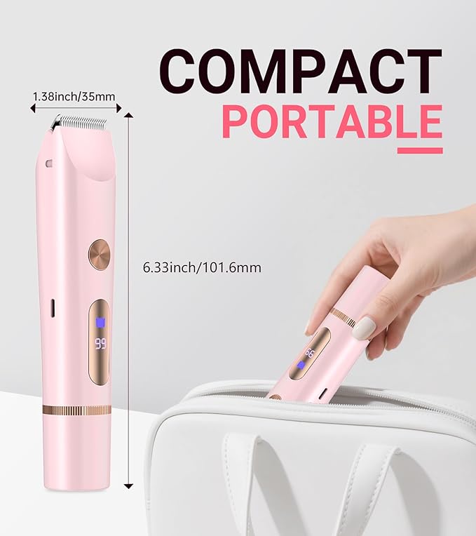 2 in 1 Bikini Trimmer for Women, Dual Head Electric Shaver with LED Display, IPX7 Waterproof Body Pubic Hair Trimmer Rechargeable Womens Electric Razor for Armpit Leg Body Facial (Pink)