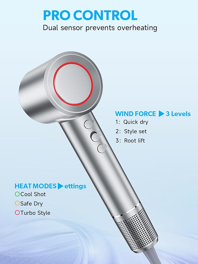 2026 Hair Dryer, Blow Dryer with Diffuser - 200,000 RPM High-Speed Ionic Technology for Women and Man, 1200M Negative Ions & Brushless Motor, Low Noise Design with Magnetic Nozzle Attachments (Silver)