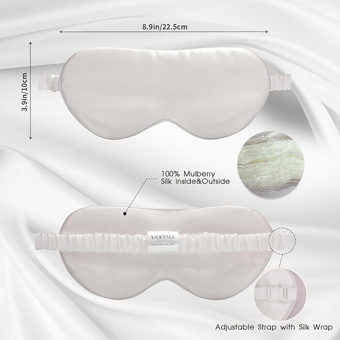SILKTALE 100% Mulberry Silk Eye Mask for Sleeping with Silk Wrapped Adjustable Strap,Ivory White