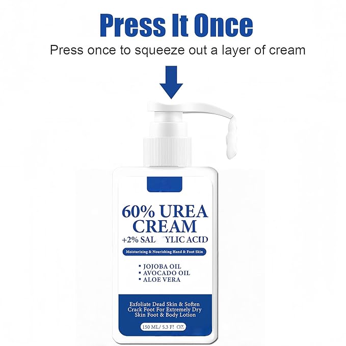 60% Urea Foot Cream – Large Size Foot & Heel Moisturizer with Jojoba Oil, Avocado Oil & Aloe Vera – Foot Lotion for Dry Cracked Feet, Hands & Elbows – 150ML/5.3oz Pump Bottle
