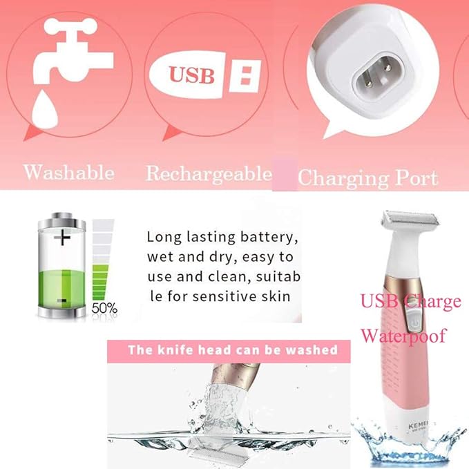 Electric Shaver Trimmer for Women Full Body,Painless Lady Wet & Dry Electric Bikini Line Trimmer Body Hair Remover for Leg Underarm Eyebrow Public,USB Rechargeable Cordless Waterproof