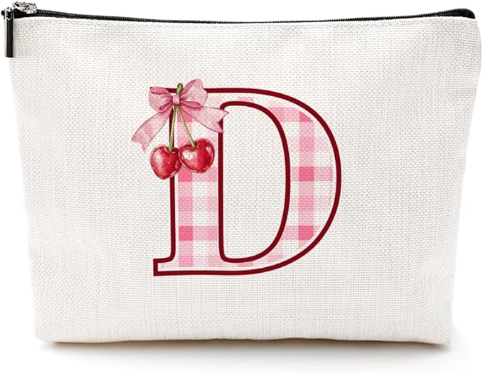 CQM Initial Makeup Bag Monogram Cosmetic Bag Monogrammed Gifts for Women Girls Friends Coworker Bestie Personalized Travel Toiletry Bag Christmas Bridal Shower Wedding Bridesmaid Gifts, Cherry D
