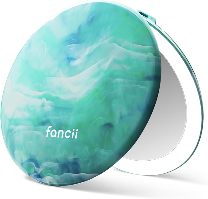 Fancii Taylor LED Lighted Travel Makeup Mirror, Rechargeable, 10x /1x Magnifying, Tru-Glow Lighting System, XL Large 5” Wide | Compact Mirror for Purses (Sea Serenity)
