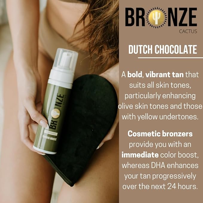 Bronze Cactus Dutch Chocolate Deluxe Self Tanner Mousse – | Violet Base to Neutralize Orange Undertones | Natural Rich Brown Tan | Vegan & Cruelty-Free | Fast Dry | Hydrating with Hyaluronic Acid