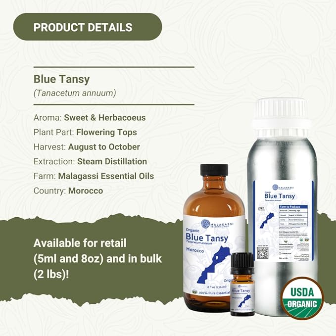 Organic Blue Tansy Essential Oil Direct from Malagassi Essential Oils - Ideal in Face Oil - Organic Blue Tansy for Candle Making and Soap Making (8 oz)