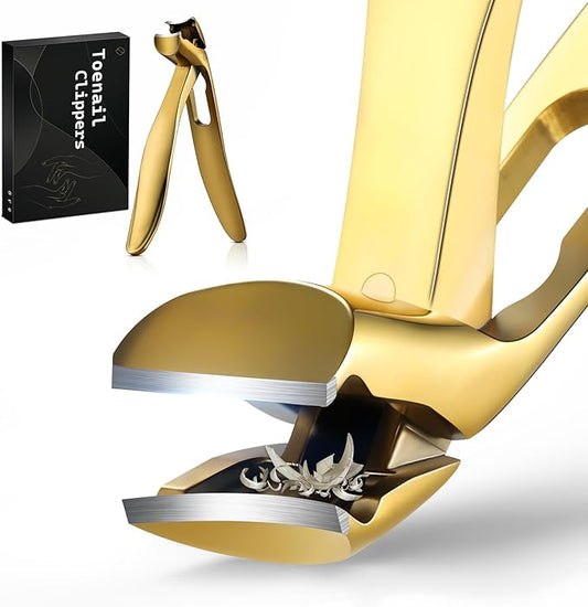 FERYES Angled Head Long Handled Toenail Clipper for Seniors - Large Wide Jaw Nail Clipper with Catcher for Thick Nails - Easier Trimming, Ergonomic Design (Gold