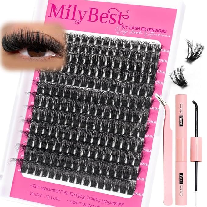 MilyBest Lash Clusters Kit 100D Fluff Cluster Eyelash Extensions 10-18mm Individual Lashes Clusters D Curl Lash Extension Kit, Waterproof Thick Volume Eyelash Clusters with Bond & Seal, Tweezers