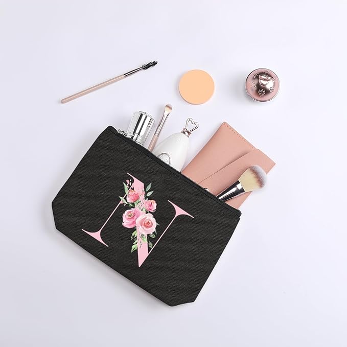 kdxpbpz A-Z Personalized Cosmetic Bag Monogrammed Makeup Bags Bridesmaid Gifts Custom Toiletry Pouch Gifts for Women Mom Best Friend Sister Bride Bridesmaid (N)