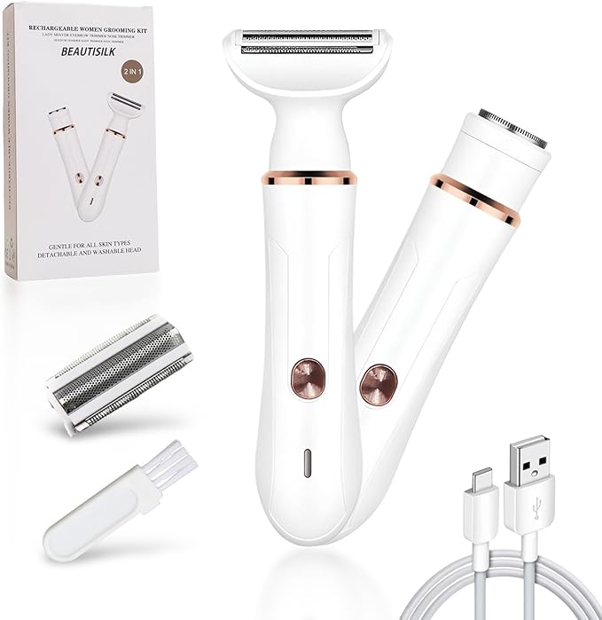 Electric Razor for Women: 2-in-1 Painless Epilator & Hair Removal Kit, Wet&Dry Use, Cordless, Type-C Rechargeable with Facial Hair Trimmer, 3-Blade Shaver Head, Plus Replacement Tip.BEAUTISILK