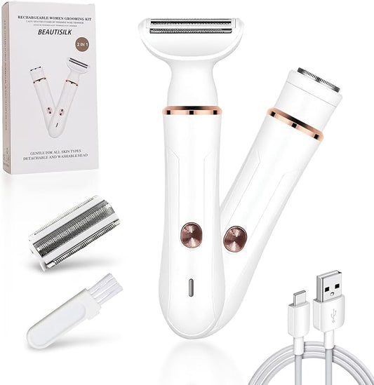 Electric Razor for Women: 2-in-1 Painless Epilator & Hair Removal Kit, Wet&Dry Use, Cordless, Type-C Rechargeable with Facial Hair Trimmer, 3-Blade Shaver Head, Plus Replacement Tip.BEAUTISILK