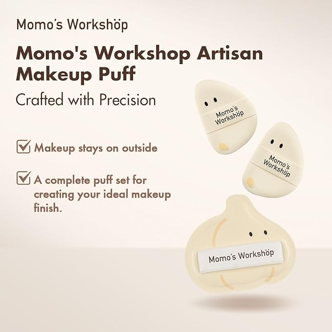 Momo's Workshop 3-Pack Garlic Shape Makeup Puffs, High-Density Rubycell for Oil Control & Full Coverage, Firm PU Leather Backing for Flawless Cream Skin Finish, for Liquid & Cream Makeup