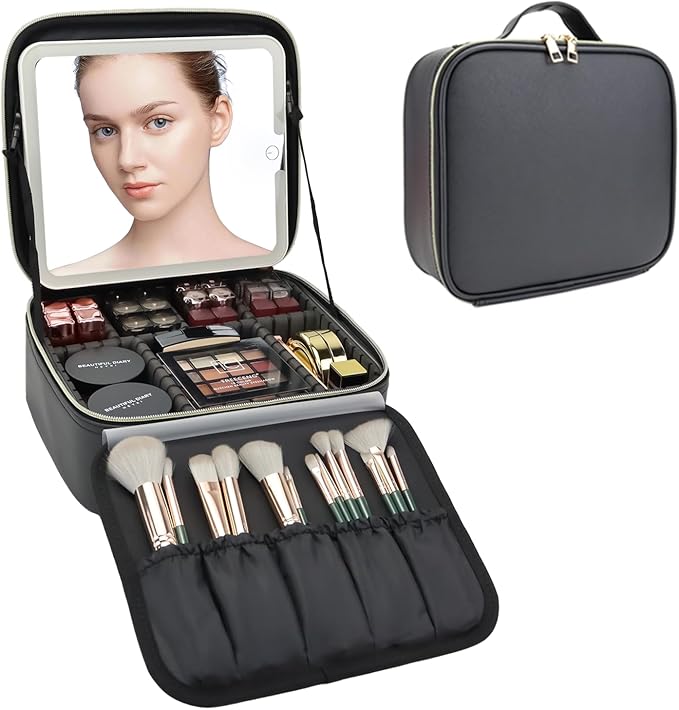 SLUMAZI Travel Makeup Bag with LED Mirror Travel Makeup Organizer with 3 Lighted Settings, Adjustable Dividers and Makeup Brush Storage Bag Black