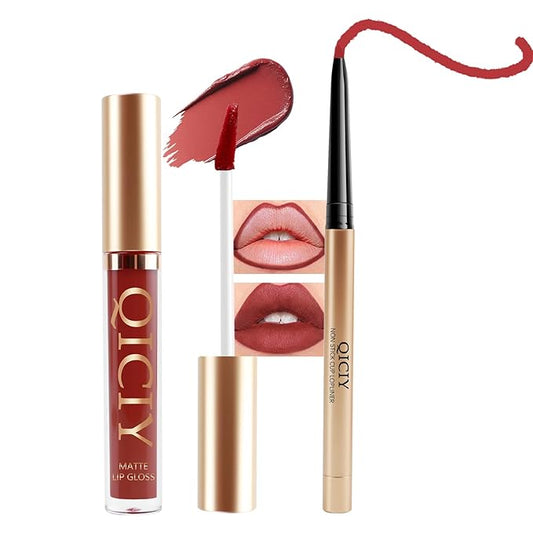 QueenDiary Lip Gloss and Liner Makeup Set, Lifter Gloss and Lifter Liner in Petal and Line Leader Shades (Cool and High-end)