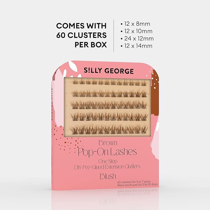 Silly George Pop-On Lashes - DIY 1-Step Pre-Glued Faux Eyelash Clusters, Natural Look Extensions, Light Brown - Blush, 5-7 Pair Set, Pack of 60 Clusters