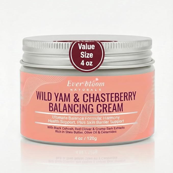 Everbloom Naturals Wild Yam & Chasteberry Balancing Cream, 4oz, with Black Cohosh, Shea Butter, Magnesium & Green Tee, Women Health and Sleep Support